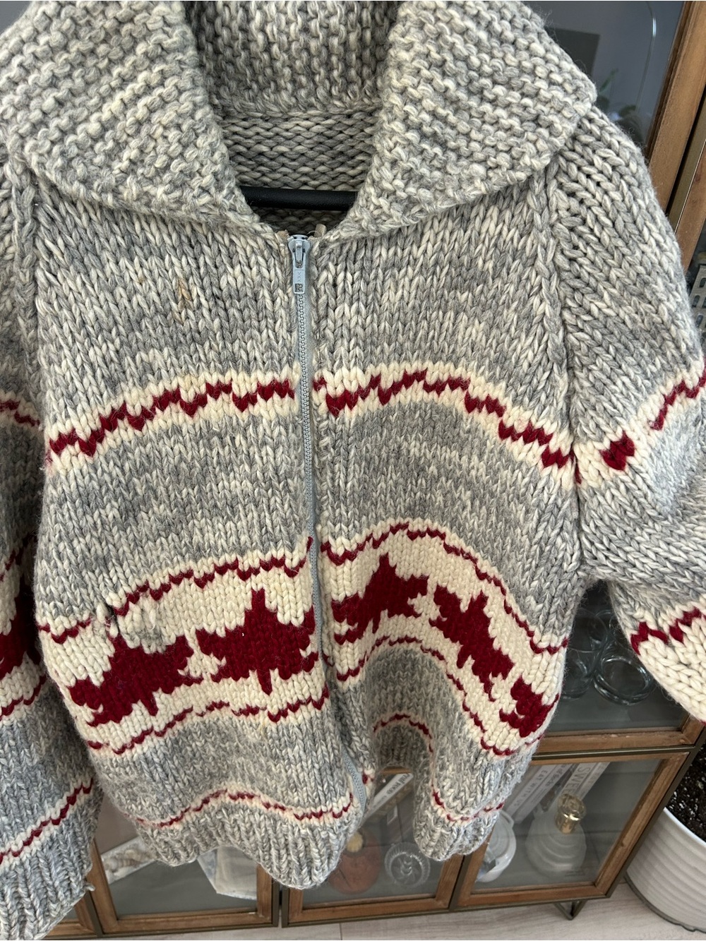 Vintage Handmade Knitted 100% Wool Chunky Zip-Up Canada Leaf Nordic Knit Sweater - Picture 7 of 14